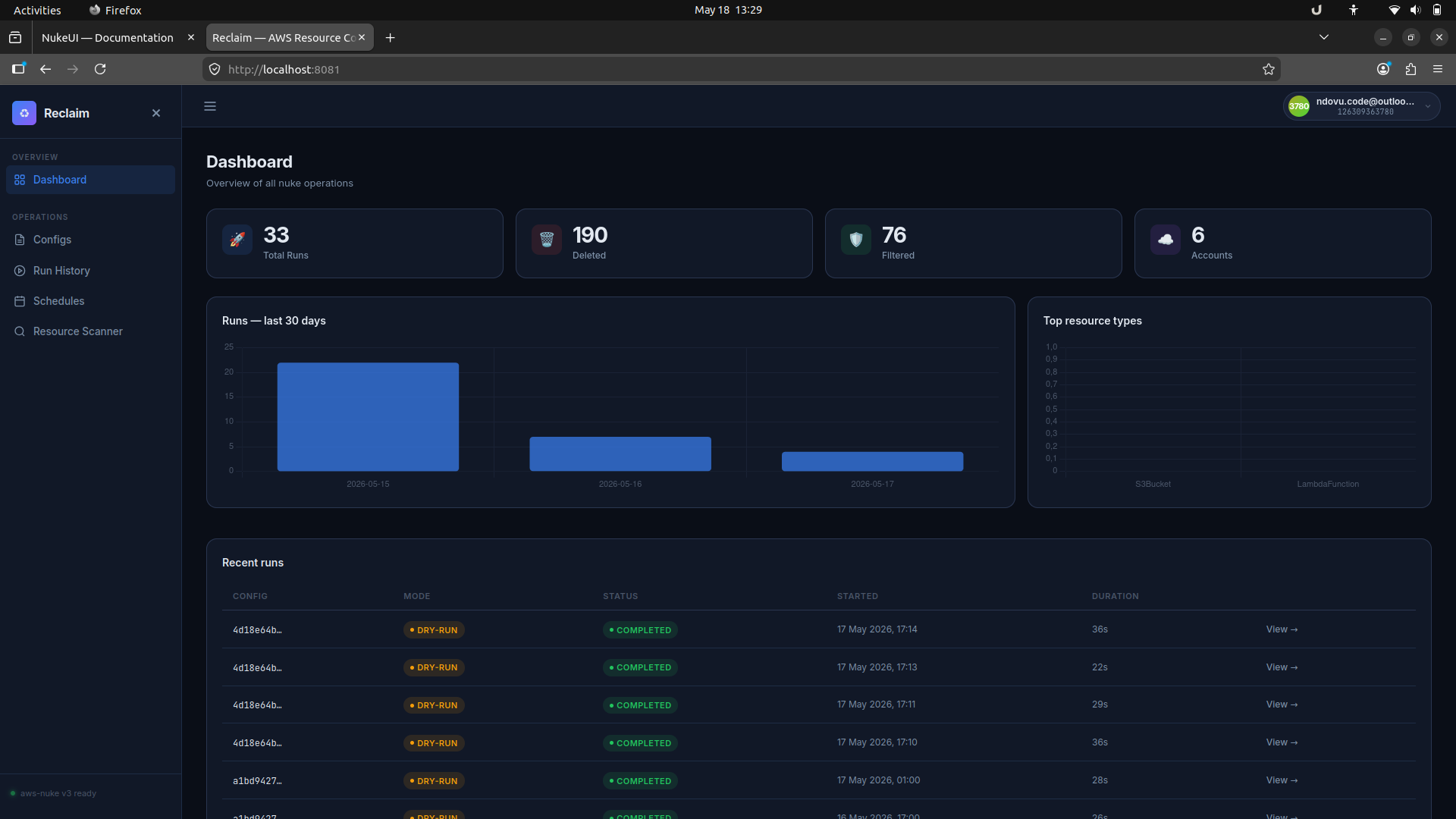 Reclaim aws-nuke dashboard showing run totals and recent cleanup history