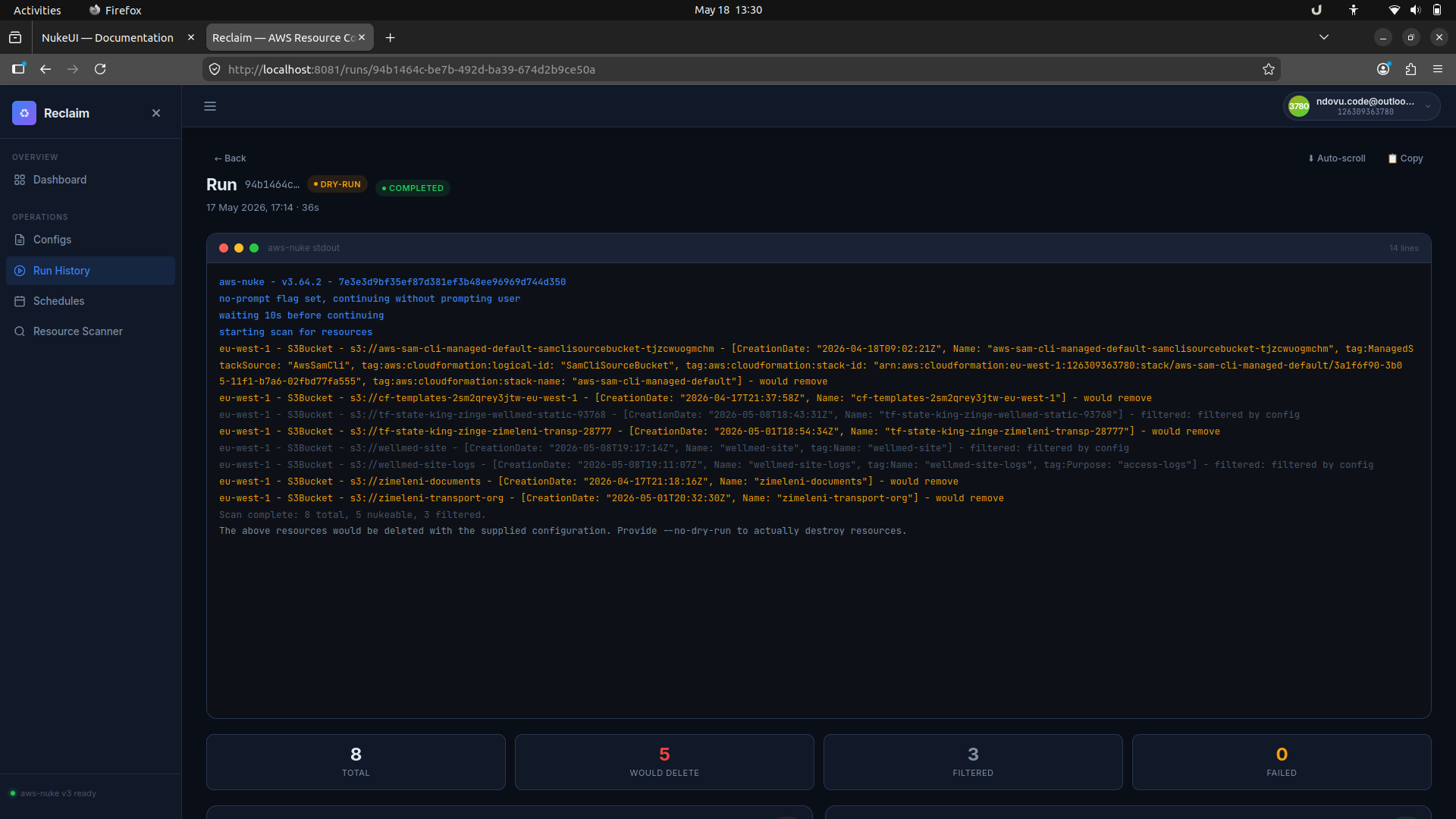 Reclaim aws-nuke run history list showing past cleanup runs